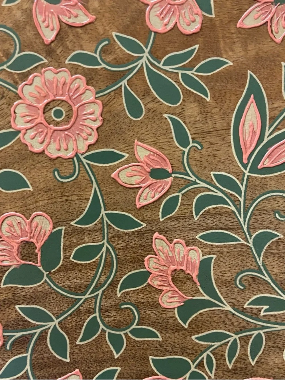 Hand Painted Large Wooden Floral Storage Box Pink Flowers Boho Made in India NWT